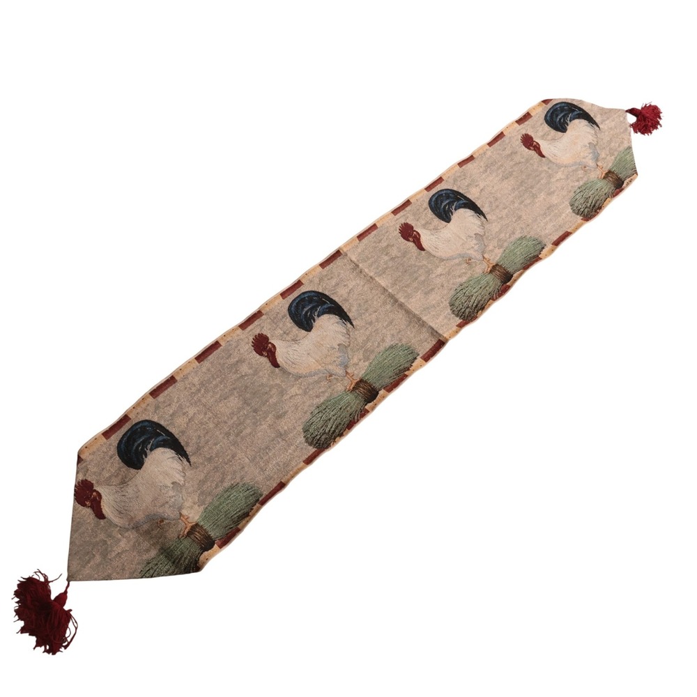 Vintage Style Rooster Tapestry Table Runner Tasseled Farmhouse Decor‎ 70 Inch